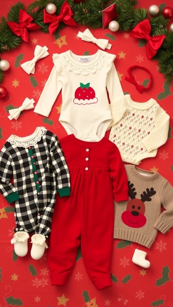 Festive Christmas Outfit Ideas for Baby Girls A variety of Christmas outfits for baby girls, including dresses, onesies, and pajamas, with festive accessories.